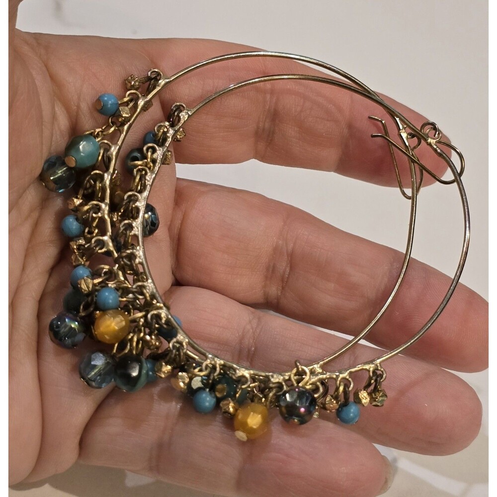 Large Silver Tone Hoop Earrings Turquoise Blue Bead Dangle Boho Style #1237